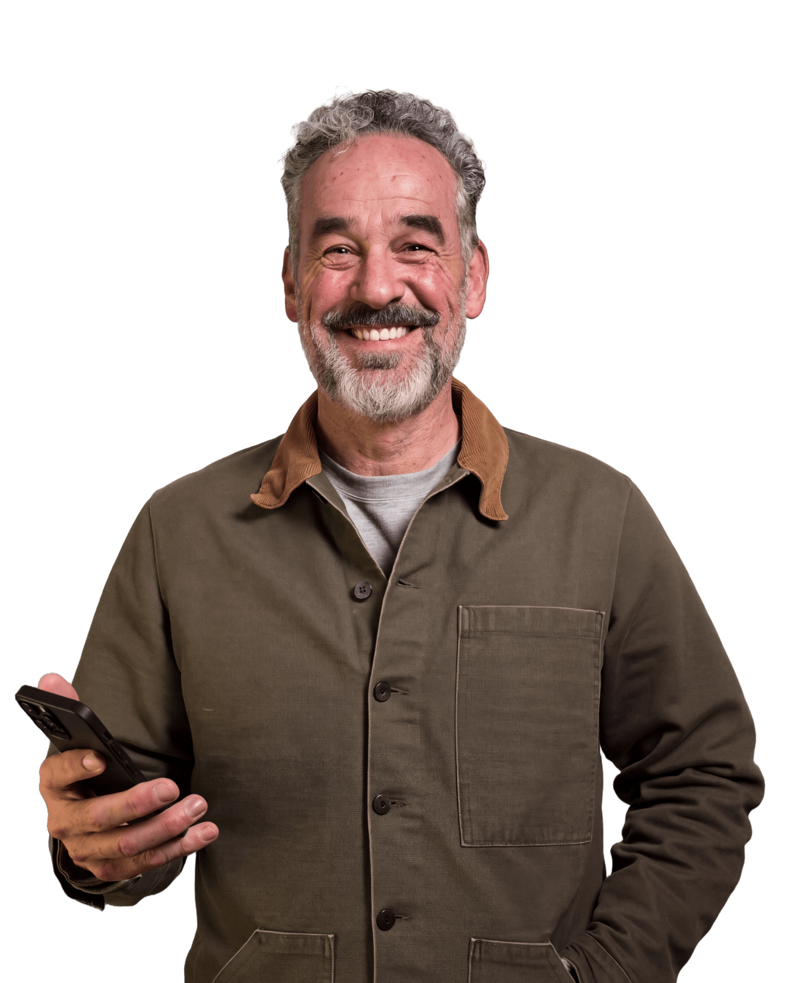 Roofing contractor holding his phone and smiling